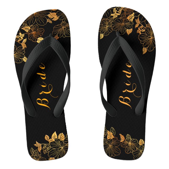 Klassische Hochzeitbride Luxus Black & Gold Foliag Flip Flops (Fußbett)