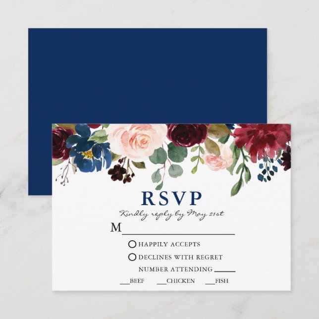 Klassische Hochzeitsmahlzeiten mit blauer Wasserfa RSVP Karte (Vorne/Hinten)
