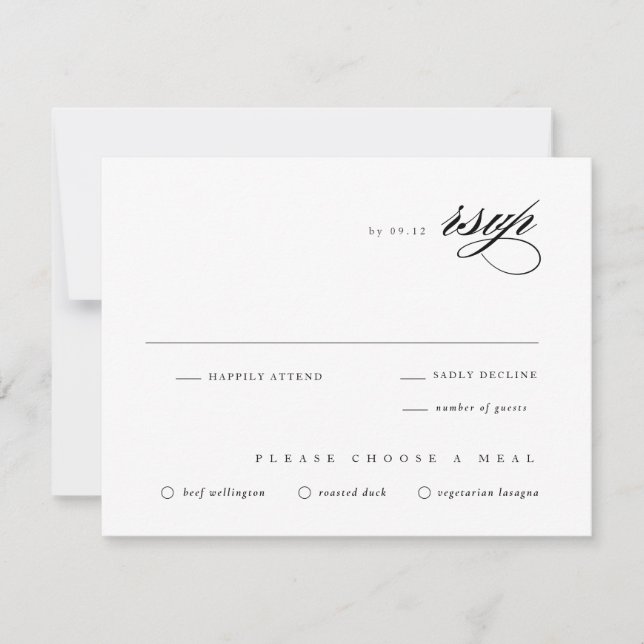 Klassische Hochzeitsskritik Schwarz & Weiß RSVP Karte (Vorderseite)
