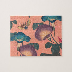 Klassische Hokusai-Kunst der rosa Biene und Blume