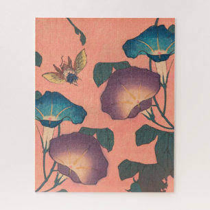 Klassische Hokusai-Kunst der rosa Biene und Blume