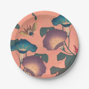 Klassische Hokusai-Kunst der rosa Biene und Blume Pappteller