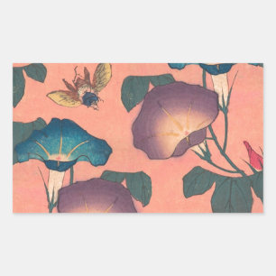 Klassische Hokusai-Kunst der rosa Biene und Blume Rechteckiger Aufkleber