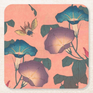 Klassische Hokusai-Kunst der rosa Biene und Blume Rechteckiger Pappuntersetzer