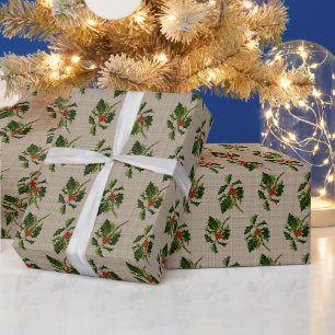 Klassische Holly mit roten Berries auf Leinengrund Geschenkpapier
