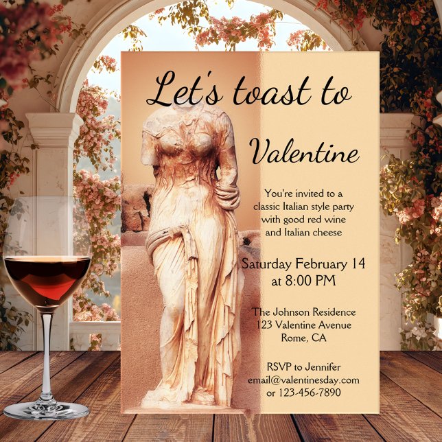 Klassische italienische Liebe Goddess Valentine Ei Einladung (Romantic classic Italian style Valentine's Day party invitation featuring an elegant Roman statue)
