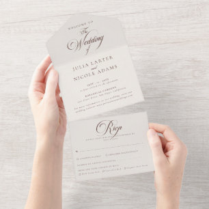 Klassische Ivory Braune Kalligrafie Hochzeit All In One Einladung