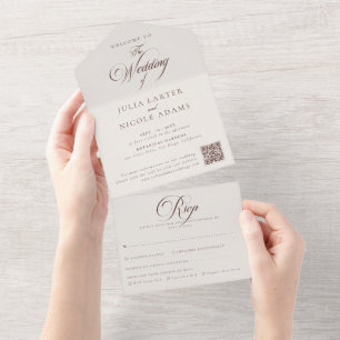 Klassische Ivory Braune Kalligrafie Hochzeit All In One Einladung