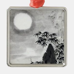 Klassische japanische Nachtmondszenerie im Sumi-e- Silbernes Ornament
