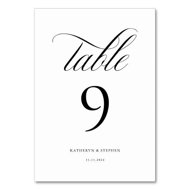 Klassische Kalligrafie Elegante Hochzeitsstimmung  Tischnummer (Vorderseite)