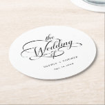Klassische Kalligrafie Hochzeit Schwarz & Weiß Runder Pappuntersetzer<br><div class="desc">Der schlichte Untersetzer aus schwarz-weißem Hochzeitspapier zeichnet sich durch eine elegante, romantische Wirble Kalligraphie aus. Für eine weiter gehende Anpassung dieses Designs klicken Sie bitte auf den BUTTON BLAU DESIGN TOOL oben!</div>