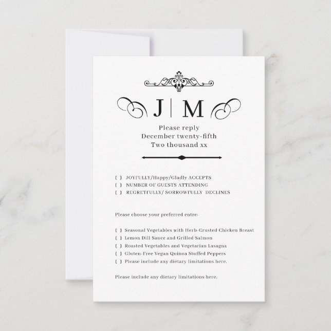 Klassische Kalligrafie-Monogramm-Hochzeits-RSVP RSVP Karte (Vorderseite)