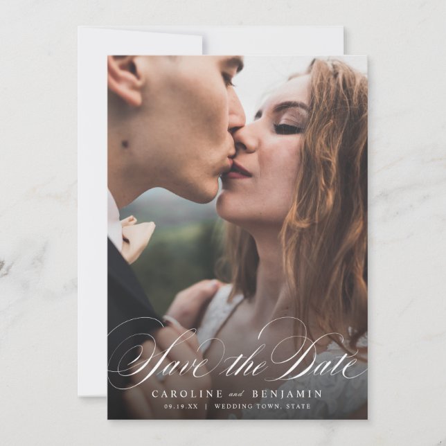 Klassische Kalligraphie Foto Hochzeit speichern da Save The Date (Vorderseite)