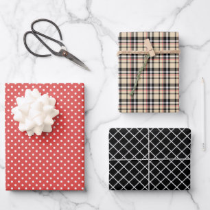 Klassische Karos Streifen Schwarz Weiß Punkte Geschenkpapier Set
