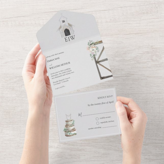 Klassische Kirchenhochzeit in einer Einladung (Abreißen)