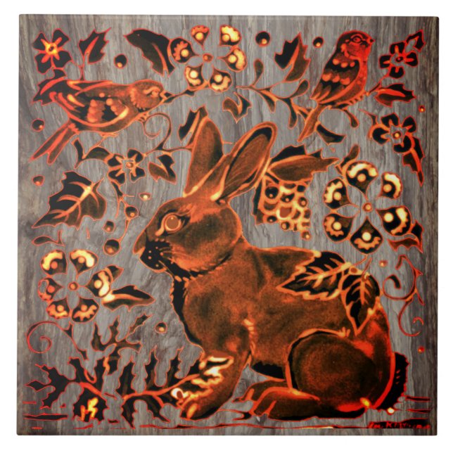 Klassische Kupfer Bunny Rabbit Birds Floral on Sto Fliese (Vorderseite)