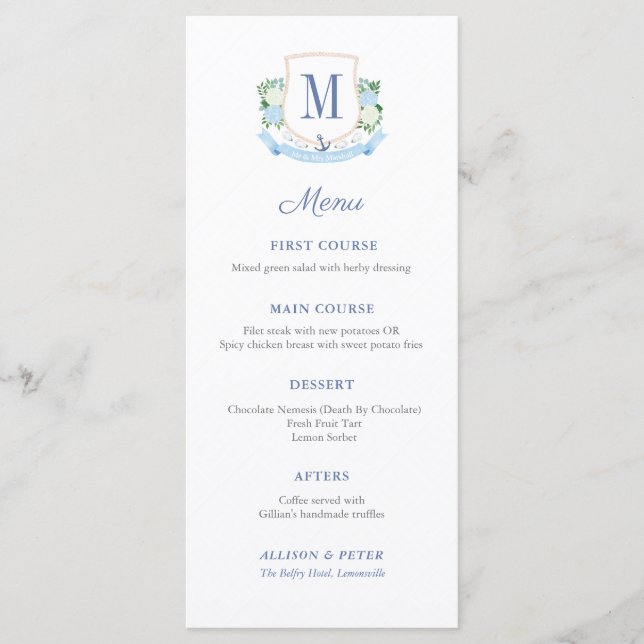 Klassische Küstenmonogramm-Hochzeitempfehlung Menükarte (Vorderseite)