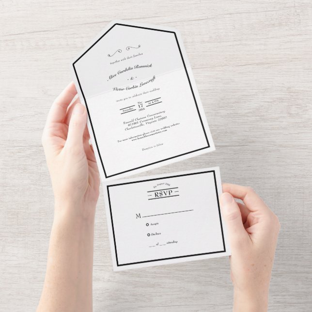 Klassische Lässige Schwarz-weiße Hochzeit All In One Einladung (Abreißen)