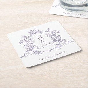 Klassische Lavendel-Blumenwappen-Monogramm-Hochzei Rechteckiger Pappuntersetzer