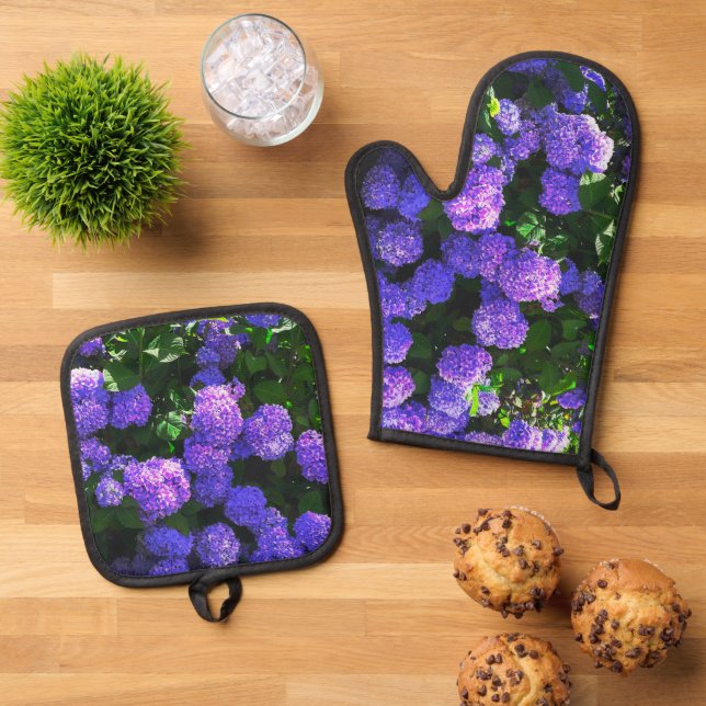 Klassische Lila realistische Hydrangea Ofenhandschuh & Topflappen-Set (Oben Unten)