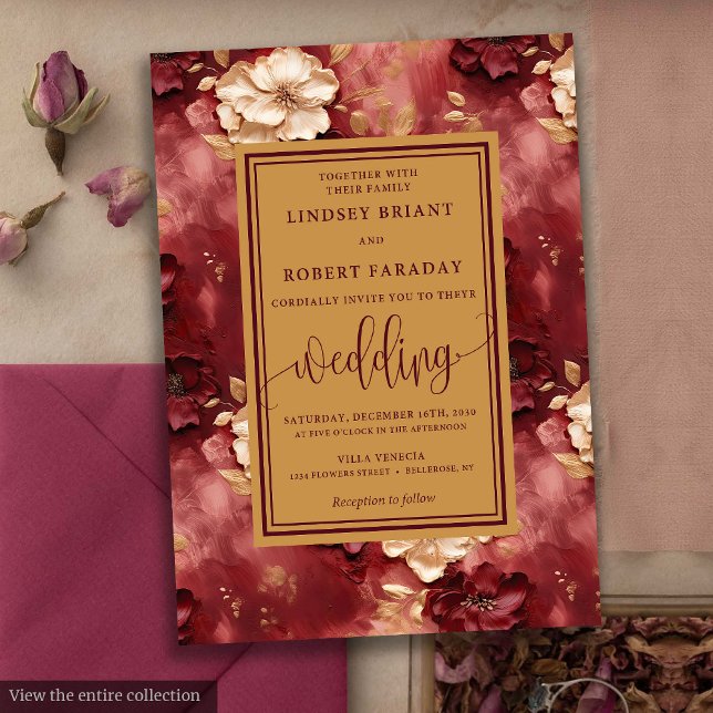 Klassische Lux Dark Gold Floral Wedding Einladunge Einladung (Classic Lux Dark Red Gold Floral Wedding Invitation)