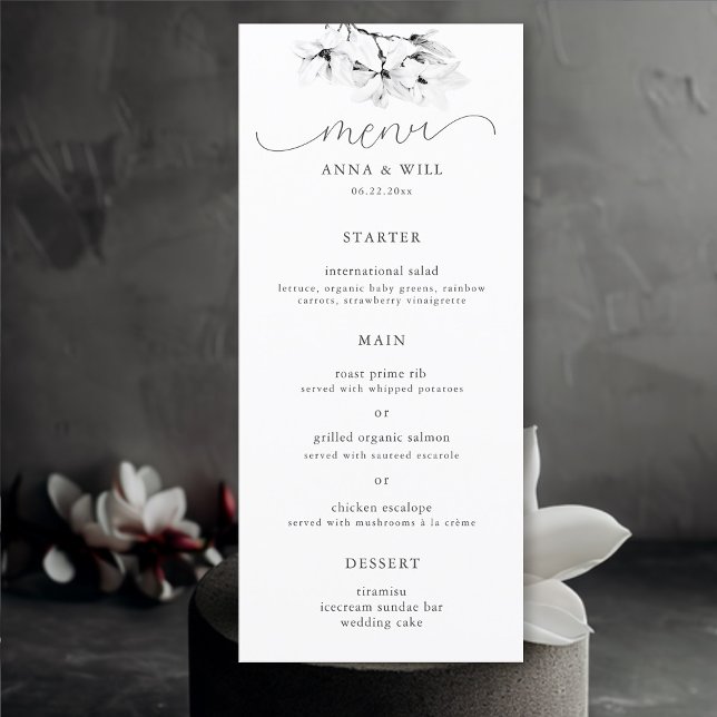 Klassische Magnolia Schwarz-weiße florale Moderne  Menükarte (Magnolia Wedding Menu Elegant Floral Modern Classic Black and White Bohemian)