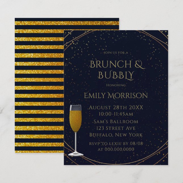 Klassische Marine und Gold Brunch und Bubbly Einladung (Vorne/Hinten)
