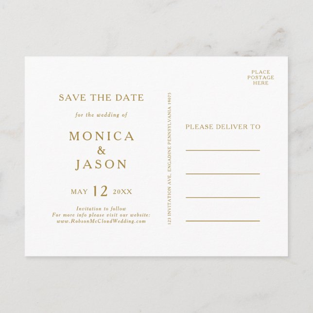 Klassische Minimalistisch Gold Save the Date Postk Einladungspostkarte (Rückseite)