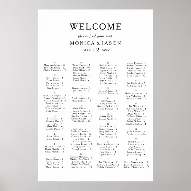 Klassische Minimalistische Alphabetische Sitzkarte Poster (Vorne)