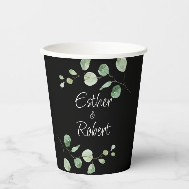 Klassische Minimalistische Eukalyptus Black Weddin Pappbecher (Vorderseite)