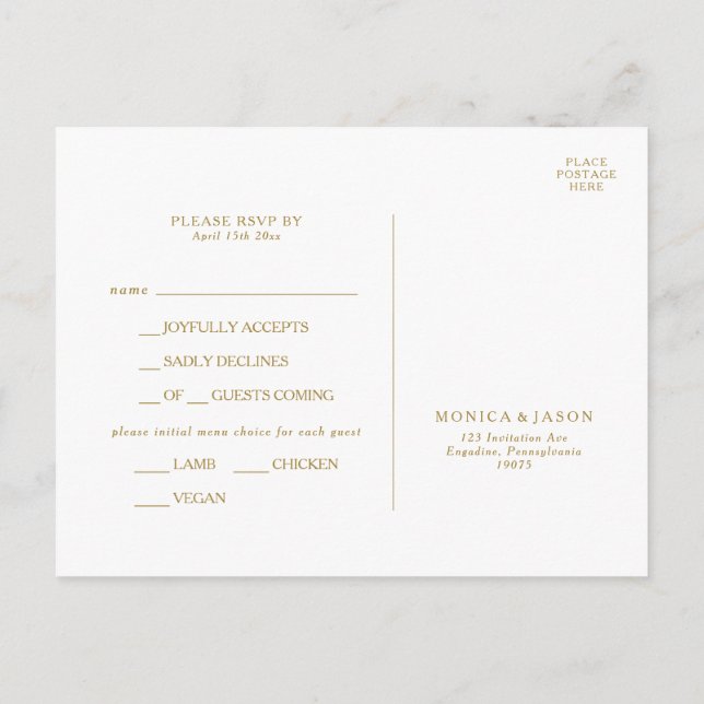 Klassische Minimalistische Gold-Menü-RSVP-Karte Postkarte (Rückseite)