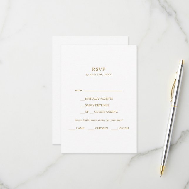 Klassische Minimalistische Gold-Menü-RSVP-Karte RSVP Karte (Vorderseite/Rückseite Beispiel)