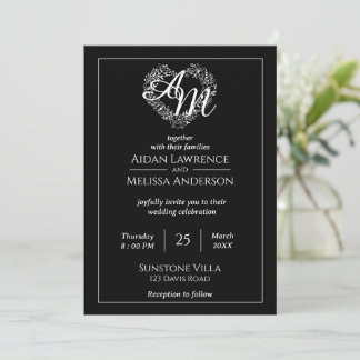 Klassische Minimalistische Hochzeit in Schwarz und Einladung