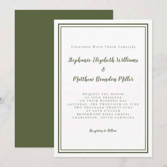 Klassische moderne, einfache Olive Green & White W Einladung (Vorne/Hinten)
