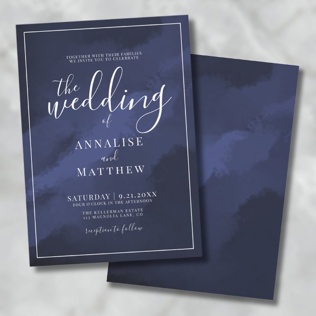 Klassische Moderne Elegante Wasserfarben Blaue Hoc Einladung (Classy Modern Elegant Watercolor Navy Blue Wedding Invitation )