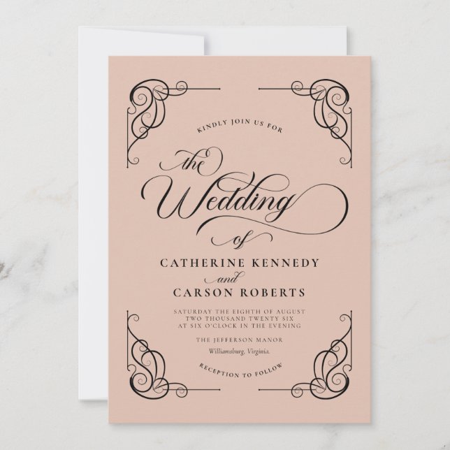 Klassische moderne Kalligrafie, Beige & Schwarze S Einladung (Vorderseite)