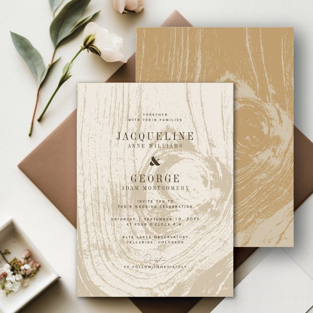 Klassische Moderne Rustikale Herbsthochzeit Einladung (Classic Modern Rustic Yellow Ochre Woodgrain Chic Autumn Wedding Invitation @ fatfatin_blue_knot)