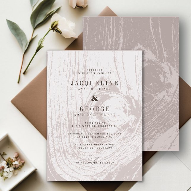 Klassische moderne Rustikale Hochzeit im Herbst au Einladung (Classic Modern Rustic Tan/Taupe Woodgrain Chic Fall Wedding Invitation @ fatfatin_blue_knot)