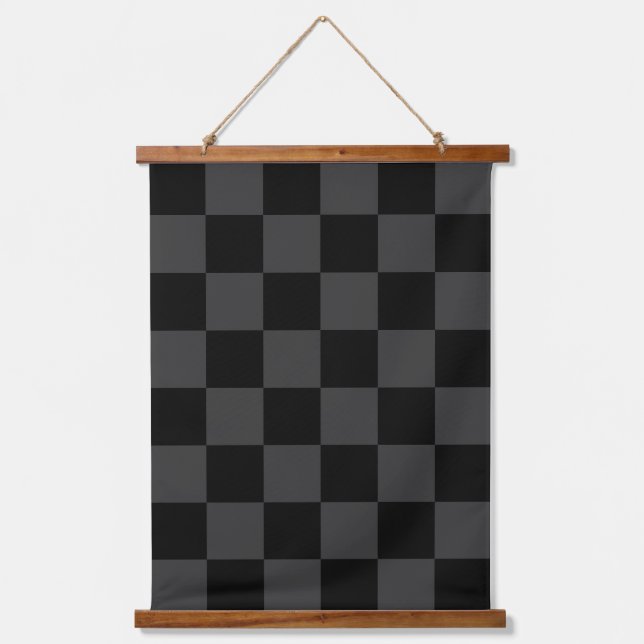 Klassische, moderne Schwarz-Smoky-Schwarz-Schachbr Wandteppich Mit Holzrahmen (Vorderseite)