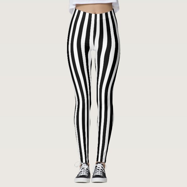 Klassische, moderne schwarz-weiße vertikale Streif Leggings (Vorderseite)