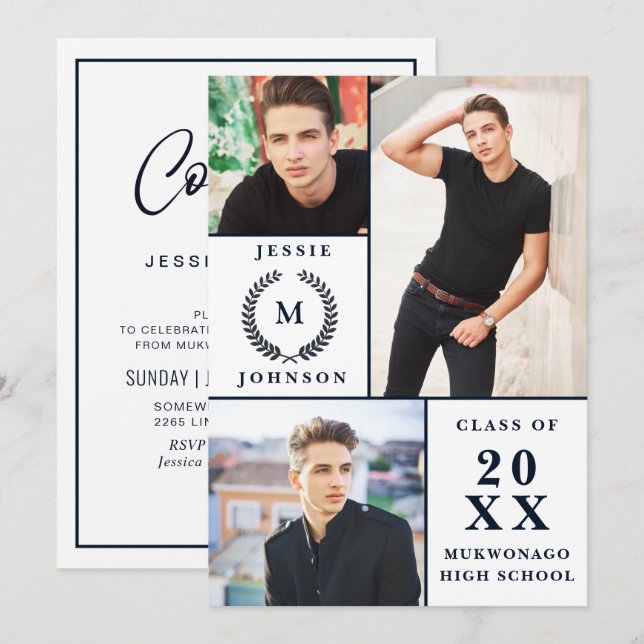 Klassische Moderne Script 3 FOTO Graduation Party Einladung (Vorne/Hinten)