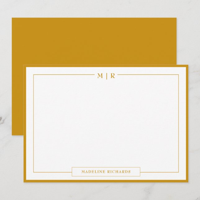 Klassische Mongram Mustard Yellow Border Stationer Mitteilungskarte (Vorne/Hinten)