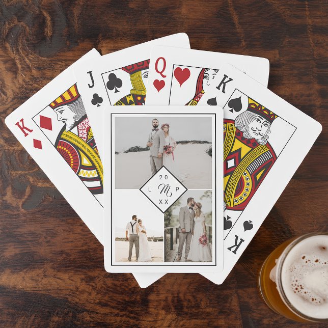 Klassische Mono 3 Foto-Gitterkollektion Spielkarten (Classic monogram 3 photo grid collage wedding poker cards)