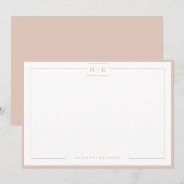 Klassische Monogram Boho Beige Border Stationery Mitteilungskarte (Vorne/Hinten)