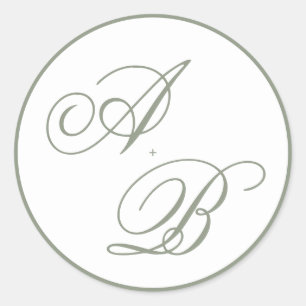Klassische Monogram Sage Green Script Border Weddi Runder Aufkleber