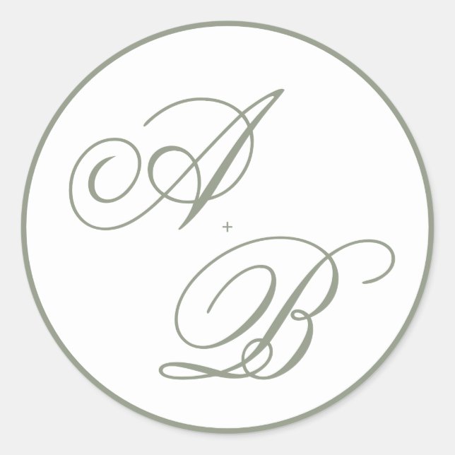 Klassische Monogram Sage Green Script Border Weddi Runder Aufkleber (Vorderseite)