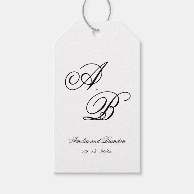 Klassische Monogram Script Schwarz und Weiß Hochze Geschenkanhänger (Vorderseite)