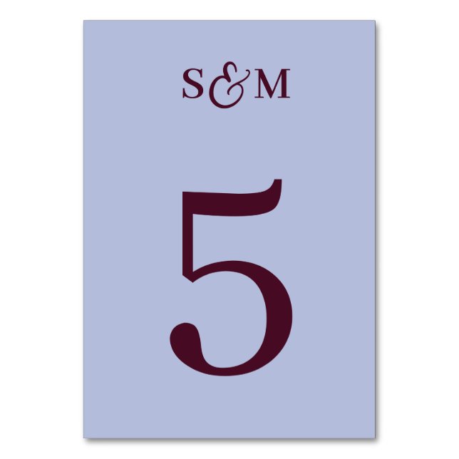 Klassische Monogramm-Et-Zeichen Periwinkle-Hochzei Tischnummer (Vorderseite)