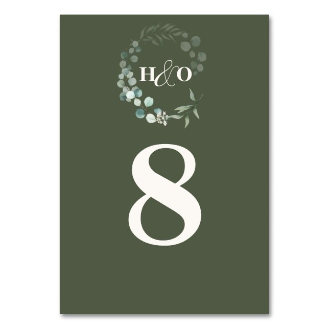Klassische Monogramm-Garten-Eukalyptus-Hochzeit Tischnummer (Vorderseite)
