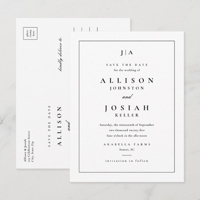 Klassische Monogramm-Hochzeit speichert das Datum Ankündigungspostkarte (Vorne/Hinten)